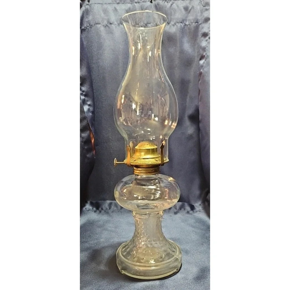 Vintage Clear Hobnail Glass Kerosene Oil Lamp with Chimeny‎ shade; J-2090